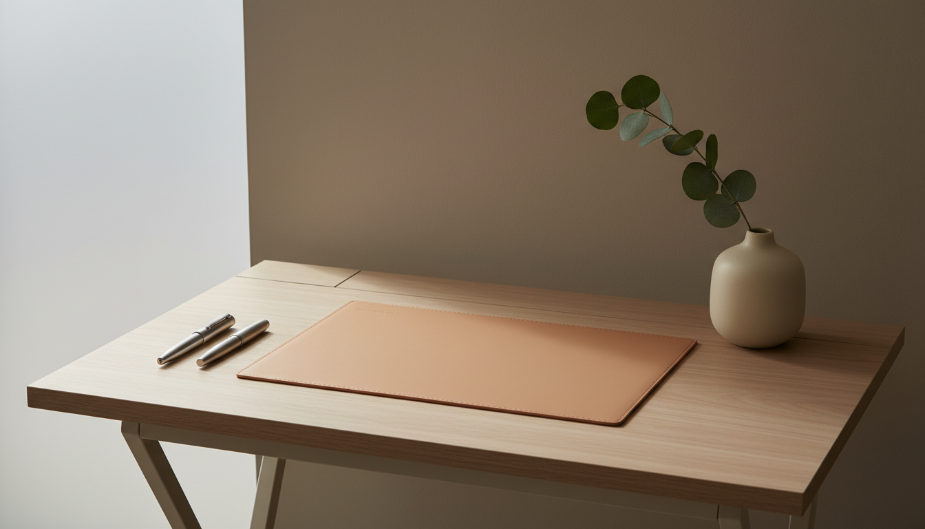 A neatly arranged workspace featuring a smooth, almond-colored writing pad made of vegan leather, flanked by a set of brushed metal pens and a matte ceramic vase holding a single eucalyptus stem. The desk is constructed from light ash wood with clean, defined edges, positioned by a taupe accent wall. Soft, diffused daylight from a nearby frosted window bathes the surface, creating gentle highlights and refined shadows. The scene exudes calm and order, evoking a professional yet welcoming mood. Captured at eye level with a balanced, centered composition and sharp focus throughout, the image emphasizes a sense of structure, clarity, and modern sophistication—perfectly reflecting the tranquil environment of a trauma-informed therapy practice.