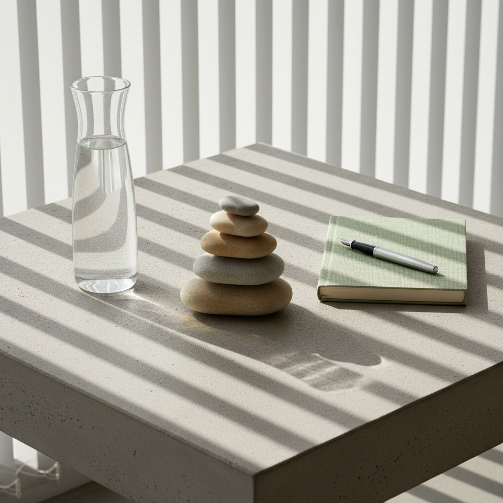 A collection of neatly stacked smooth river stones, each ranging from soft grey to warm beige, sits atop a sanded concrete tabletop with crisp geometric edges. A pale translucent glass water carafe and a structured linen-bound notebook lie nearby, reinforcing a minimalist and professional setting. Ambient natural light, gently filtered through vertical blinds, highlights the textures of each object while casting defined but subtle shadows. The atmosphere feels grounding and composed, conveying stability and quiet assurance. The composition is constructed with strict symmetry from a slightly elevated angle, utilizing photographic realism and clean lines tailored to a therapy business that champions safety and calm integration.